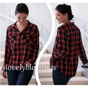 Flannel Shirt Button Front Buffalo Plaid Tartan Plaid Womens Size Large